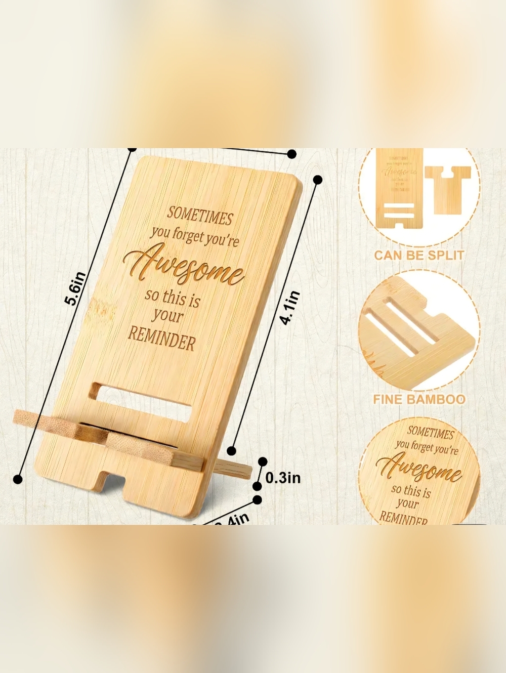 Bamboo Phone Stand - 'Awesome' Engraved Reminder